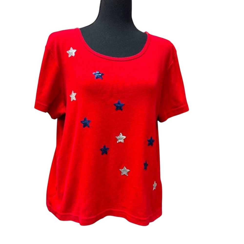 Onque Americana Patriotic Sequin Star Cotton Top Red White Blue Cotton L
